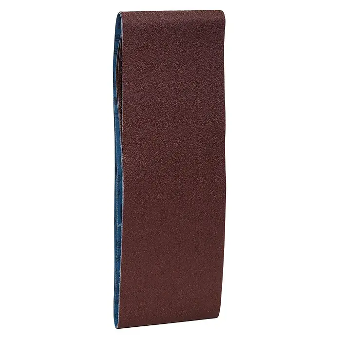 Bosch Set de bandas de lija X440 Best for Wood and Paint - An x L: 100 x 610 mm, Grano: 60 mm - 100 mm, 3 ud. - La imagen muestra una pila de bandas de lijado. Las bandas son marrones y con una textura fina.