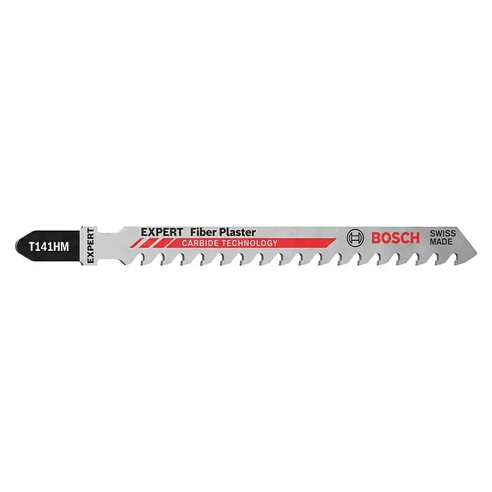 Bosch Expert Säbelsägeblatt Fiber Plaster T141 HM - Länge: 100 mm - Abgebildet ist ein Bosch EXPERT Fiber Plaster T141HM Sägeblatt mit Carbide Technology, hergestellt in der Schweiz.