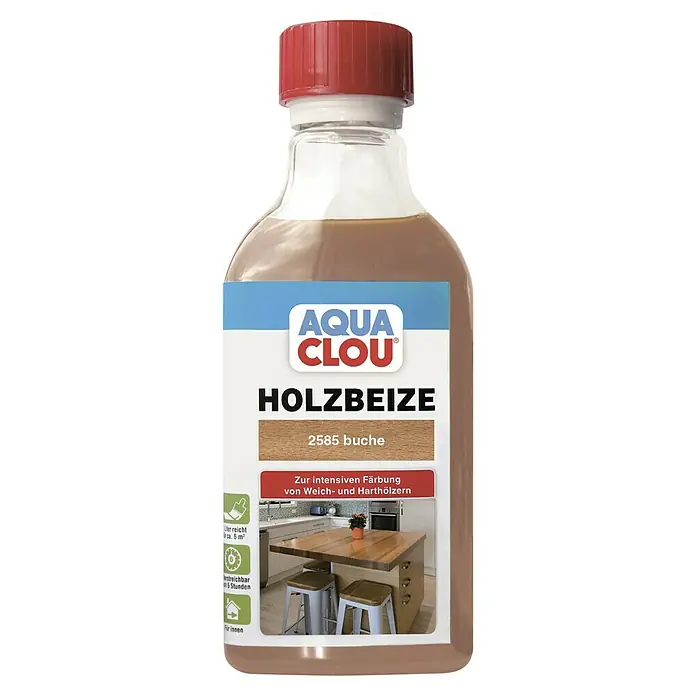 Clou Aqua Holzbeize - Buche, 250 ml - Produktfoto einer Flasche Aqua Clou Holzbeize 2585 Buche, ideal zum intensiven Färben von Weich- und Harthölzern im Innenbereich.