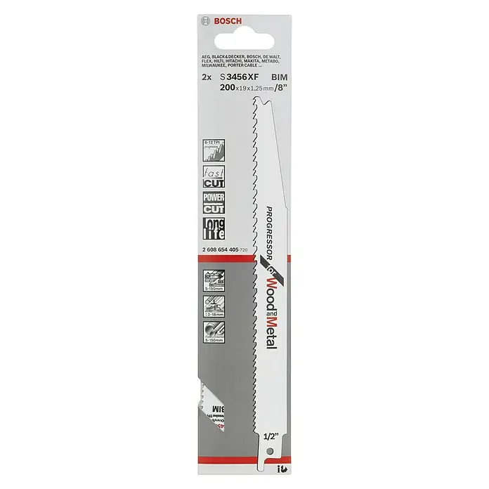Bosch Säbelsägeblatt S 3456 XF Progressor for Wood and Metal - Länge: 200 mm - Bosch S3456XF BIM Säbelsägeblatt für Holz und Metall, 200mm lang, ideal für schnelle und kraftvolle Schnitte mit langer Lebensdauer.