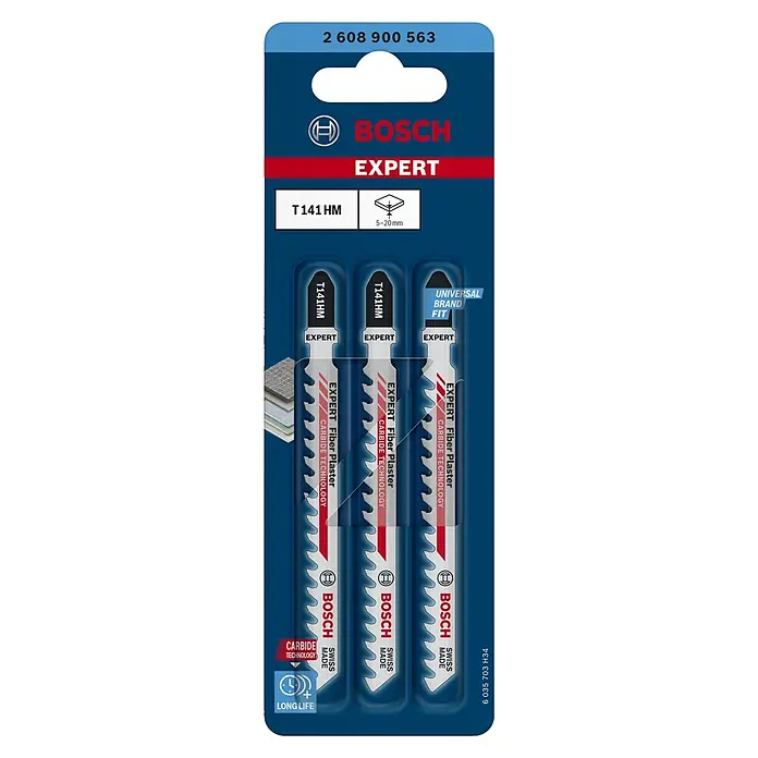 Bosch Expert Säbelsägeblatt Fiber Plaster T141 HM - Länge: 100 mm - Abbildung einer Packung Bosch Expert T141HM Stichsägeblätter, ideal zum präzisen Schneiden von Faserplatten.