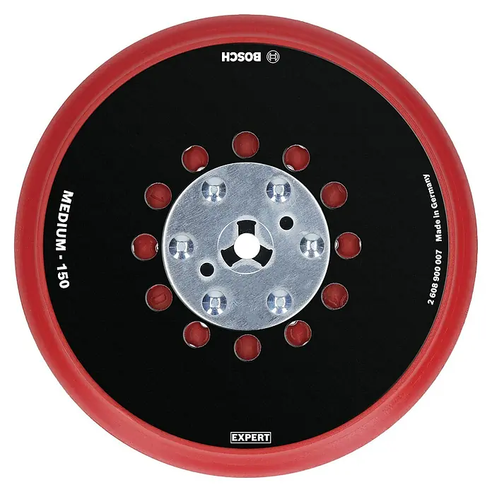 Bosch Expert Stützteller Multihole - 150 mm, Gelocht, Passend für: Exzenterschleifer - Das Bild zeigt eine Bosch Schleifscheibe mit der Aufschrift "MEDIUM - 150" und dem Hinweis "Made in Germany".