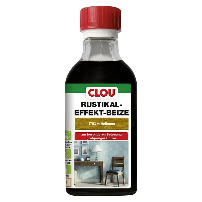 Clou Holzbeize Rustikel-Effekt-Beize B4 - Mittelbraun, 250 ml - Produktbild einer Flasche Clou Rustikal-Effekt-Beize in der Farbe 1703 mittelbraun, ideal für die Betonung grobporiger Hölzer.