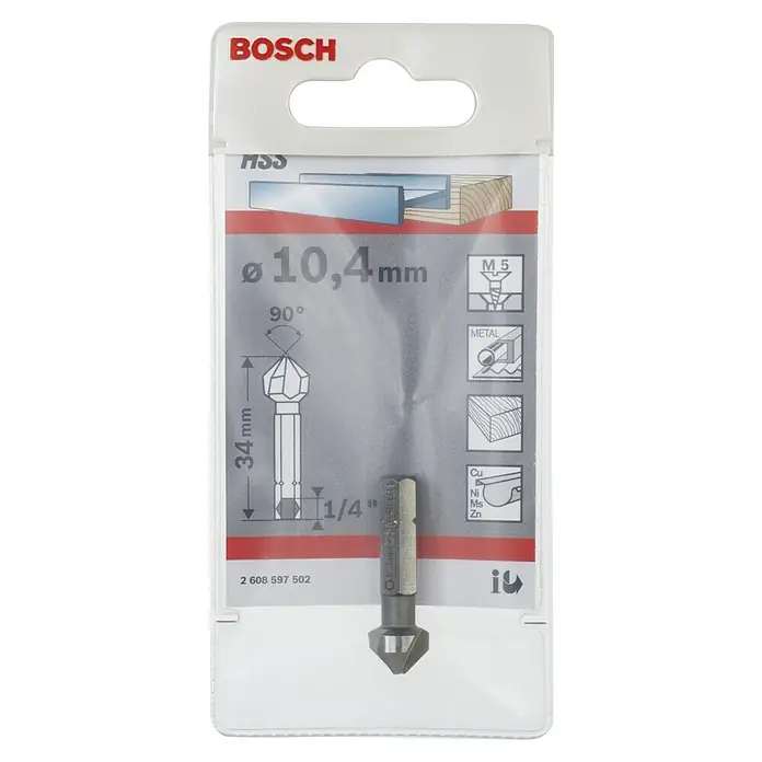 Bosch Avellanador cónico HSS - Diámetro de la broca: 10,4 mm, Eje hexagonal - Imagen de un paquete de brocas avellanadoras HSS de Bosch. Herramienta de precisión para desbarbar y achaflanar metal, madera y plásticos con 10,4 mm de diámetro.
