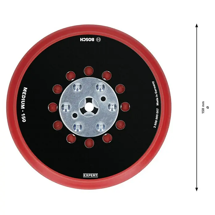 Bosch Expert Stützteller Multihole - 150 mm, Gelocht, Passend für: Exzenterschleifer - Abbildung einer Bosch Schleifscheibe mit einem Durchmesser von 150mm, geeignet für Schleifarbeiten mit mittlerer Körnung, hohe Qualität.