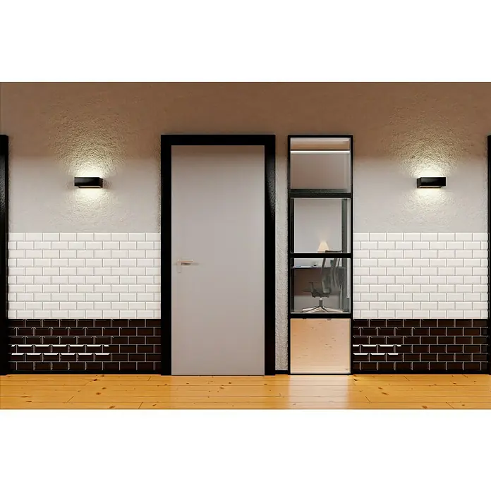 Modern Style Wandfliese Manhattan Biselado Negro - 7,5 x 15 cm, Schwarz, Glänzend - Elegante Tür und Regal mit schwarzen Akzenten. Eine stilvolle Ergänzung für jeden Raum mit moderner Beleuchtung.