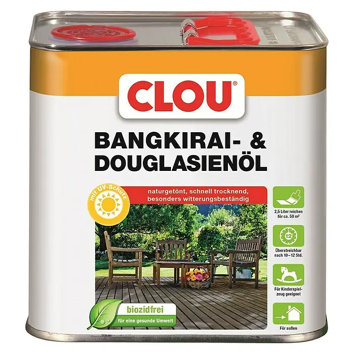 Clou Bangkirai-Öl & Douglasien-Öl - Naturgetönt/Farblos, 2,5 l - Dose Clou Bangkirai- und Douglasienöl für den Außenbereich. Schützt und pflegt Holzoberflächen, ist witterungsbeständig und biozidfrei.