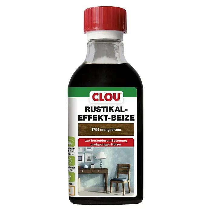 Clou Holzbeize Rustikal-Effekt-Beize B4 - Orangebraun, 250 ml - Abbildung einer Flasche Clou Rustikal Effekt Beize, Farbton 1704 orangebraun, für die besondere Betonung grobporiger Hölzer.