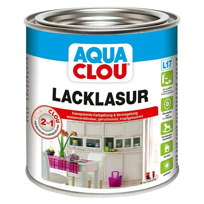 Clou Aqua Lacklasur Combi-Clou L17 - Taubenblau, 375 ml, Seidenmatt - Dose Aqua Clou Lacklasur, eine transparente Farbe und Versiegelung für den Innenbereich. Ideal für Möbel und Kinderspielzeug.