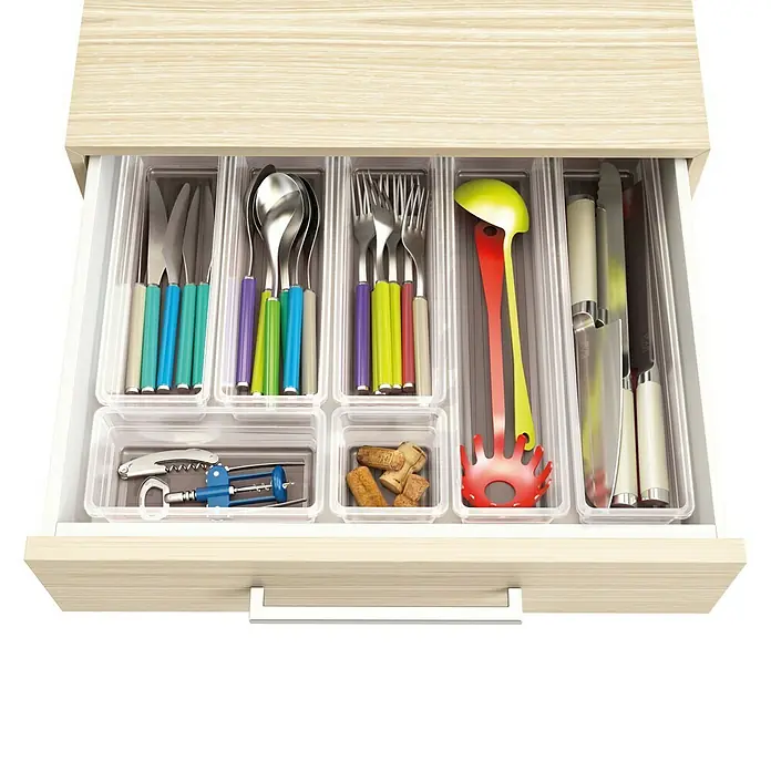 Sistemo Schubladeneinsatz - 22,5 x 7,5 x 5 cm, Transparent, Kunststoff - Schublade mit Besteckeinsatz, der Messer, Gabeln, Löffel, Küchenhelfer und Korken ordentlich aufbewahrt.