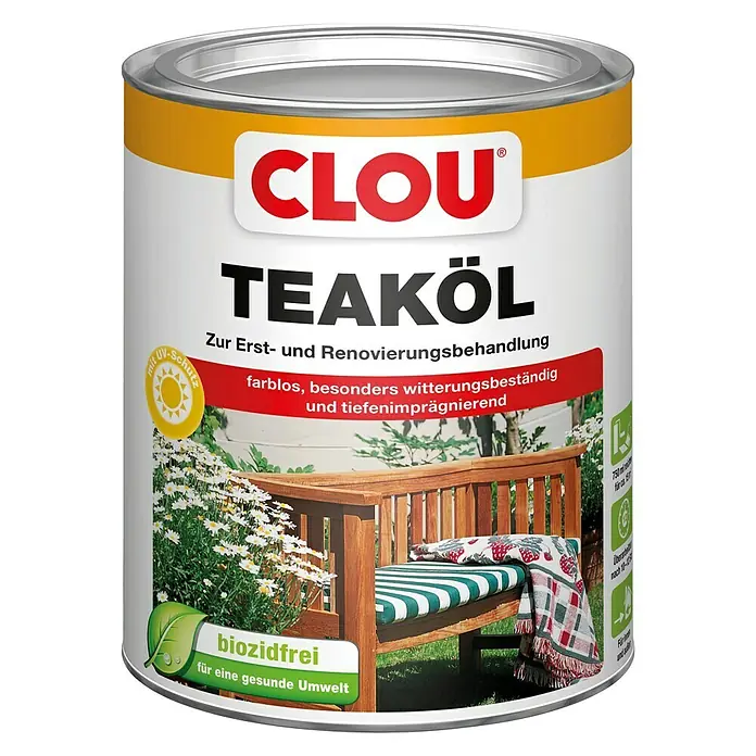 Clou Teak-Öl - 750 ml, Naturgetönt/Farblos - Dose Clou Teaköl für die Erst- und Renovierungsbehandlung von Teakholz, farblos, witterungsbeständig und tiefenimprägnierend.