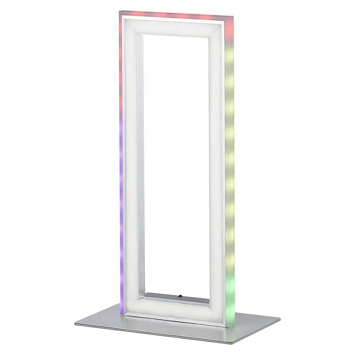 Just Light Felix LED-Tischleuchte - 12 W, Stahl, Mehrfarbig - Das Foto zeigt eine LED-Fotozelle in Form eines länglichen Rahmens mit wechselnden Farben, die auf einem silbernen Sockel steht.