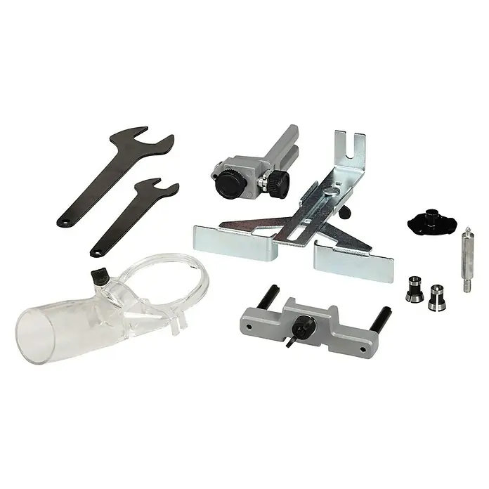 Einhell Professional PXC 18V Fresadora combinada de batería TP-RO 18 Set Li BL - 18 V, Sin batería - La imagen muestra un conjunto de accesorios para una fresadora, incluyendo llaves, guías y un accesorio de extracción de polvo.
