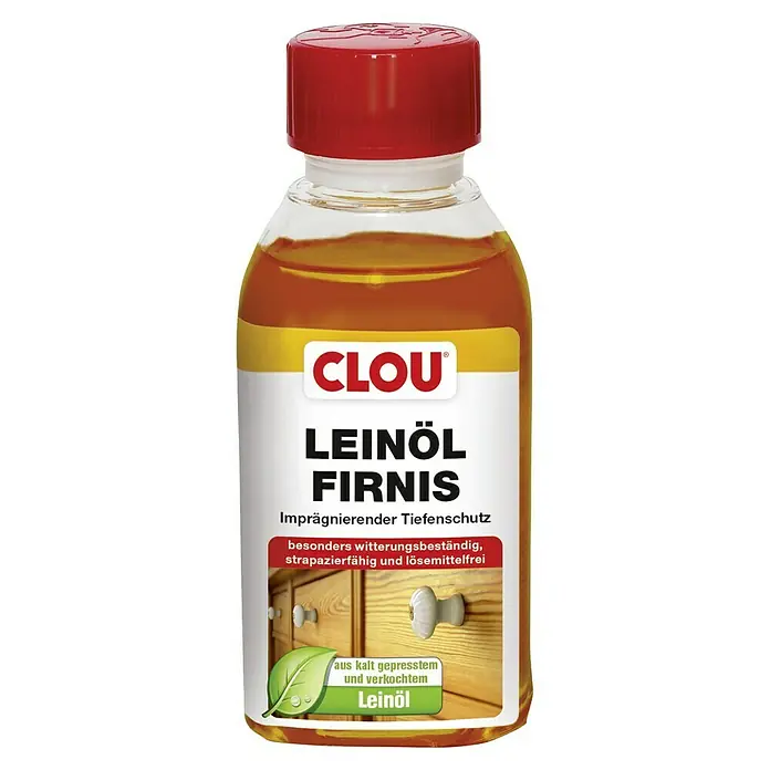 Clou Leinölfirnis - 150 ml, Lösemittelfrei - Abbildung einer Flasche Clou Leinöl Firnis, ein farbloses Holzschutzmittel für den Innen- und Außenbereich, mit rotem Deckel.