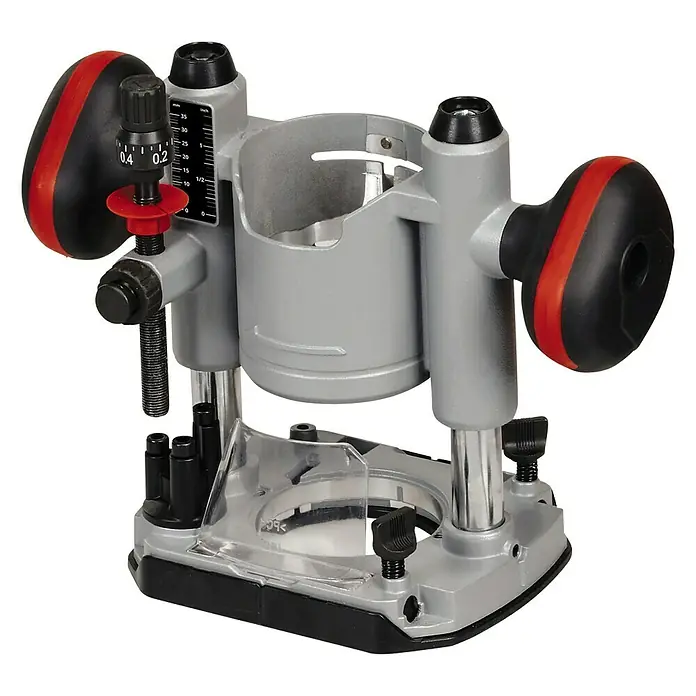 Einhell Professional PXC 18V Fresadora combinada de batería TP-RO 18 Set Li BL - 18 V, Sin batería - Imagen de una fresadora vertical, una herramienta eléctrica para trabajar la madera. La fresadora tiene un cuerpo plateado y mangos negros con detalles rojos.