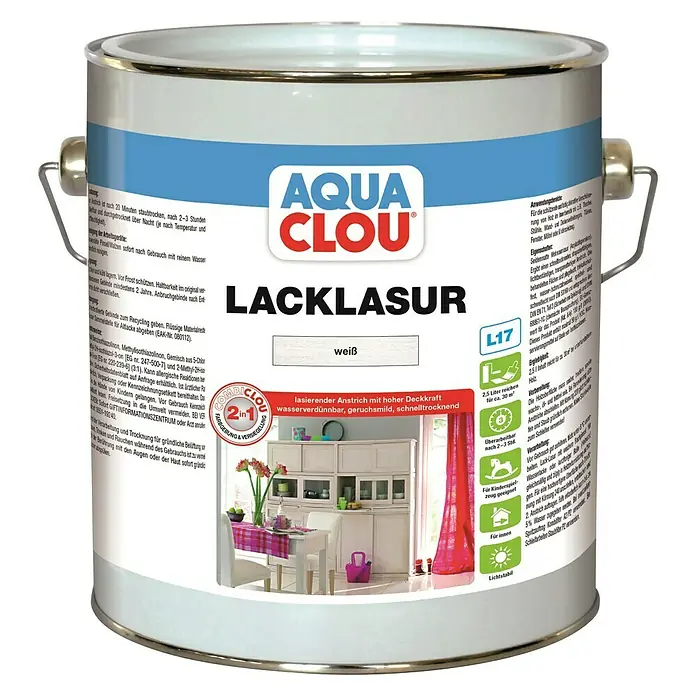 Clou Aqua Lacklasur Combi-Clou L17 - Weiß, 2,5 l, Seidenmatt - Ein Eimer Aqua Clou Lacklasur in Weiß, eine wasserbasierte, geruchsarme und schnelltrocknende Holzlasur mit hoher Deckkraft.