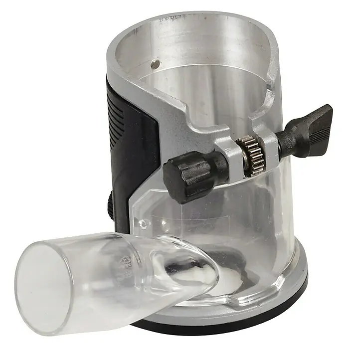 Einhell Professional PXC 18V Fresadora combinada de batería TP-RO 18 Set Li BL - 18 V, Sin batería - Vista detallada de una pieza de herramienta, posiblemente un accesorio de fresadora, que muestra sus mecanismos precisos y transparentes.