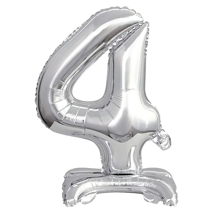 Luftballon Zahl1 Stk., Motiv: 4, Silber, 38 cm - Abgebildeter silberner Folienballon in Form der Zahl 4 mit Standfuß, ideal für Geburtstage und Jubiläen.