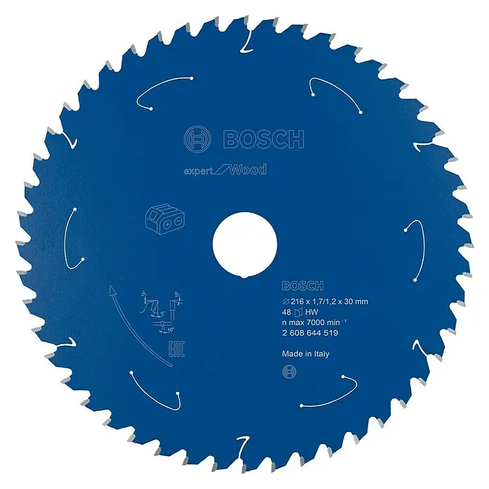 Bosch Kreissägeblatt Expert for Wood - 216 mm, Bohrung: 30 mm, Anzahl Zähne: 48 Stk. - Nahaufnahme eines Bosch Expert Wood Kreissägeblatts, ideal für präzise Holzschnitte mit hoher Leistung und langer Lebensdauer.