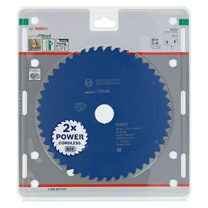 Bosch Kreissägeblatt Expert for Wood - 216 mm, Bohrung: 30 mm, Anzahl Zähne: 48 Stk. - Bild einer Bosch Expert Wood Kreissäge Ø 216 mm, bekannt für doppelte Leistung und lange Lebensdauer, ideal für Akku-Werkzeuge.