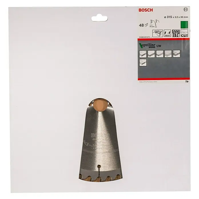 Bosch Disco de sierra Optiline Wood - 315 mm, Orificio: 30 mm, Número de dientes: 48 ud. - Primer plano de una hoja de sierra para madera Bosch Optiline UW de 315 x 3,2 x 30 mm, ideal para cortes limpios.