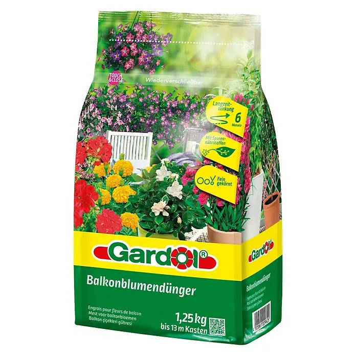 Gardol Balkonblumendünger - Wiederverschließbar, 1,25 kg, Passend für: 13 m Balkonkasten - Abbildung einer Packung Gardol Balkonblumendünger, einem Langzeitdünger für bis zu 13 m Balkonkästen.