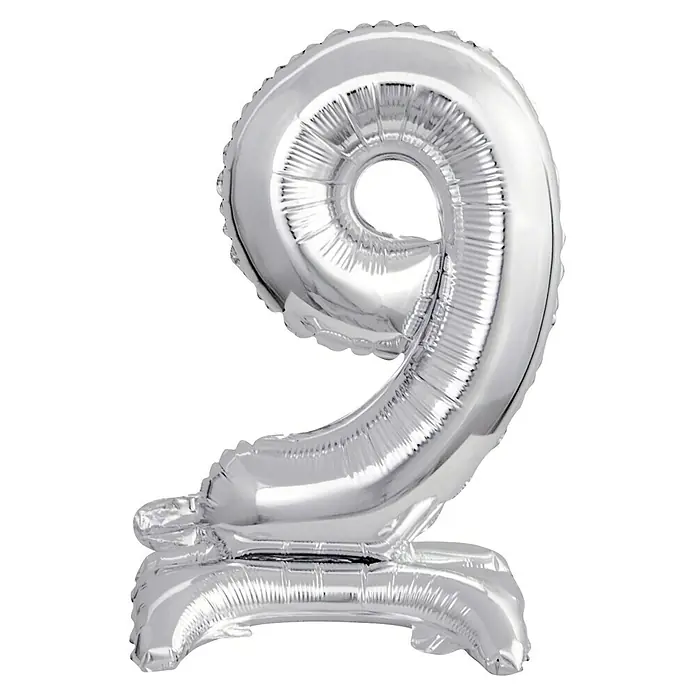Luftballon Zahl - 1 Stk., Motiv: 9, Silber, 38 cm - Silberner Folienballon in Form der Zahl 9 auf einem Ständer, ideal für Geburtstage oder Jubiläen. Die glänzende Oberfläche sorgt für einen Hingucker.