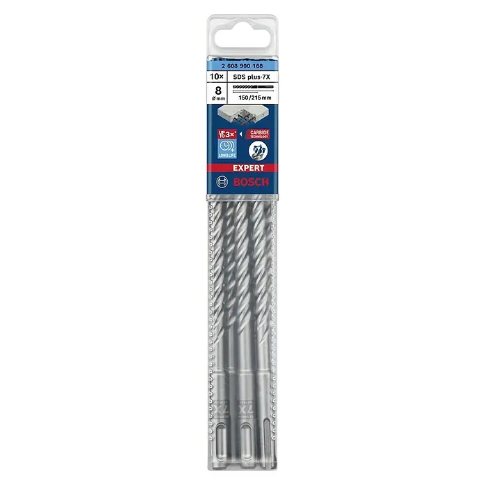 Bosch Expert Set de brocas para hormigón SDS-Plus -7X - Diámetro: 8 mm, Largo: 215 mm, 10 ud. - Juego de brocas para martillo Bosch Expert SDS plus-7X con 10 piezas, diámetro 8 mm, longitud 150/215 mm para hormigón y hormigón armado.
