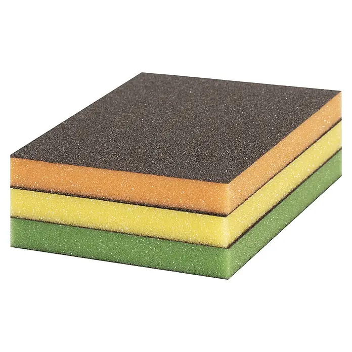 Bosch Professional Expert Schleifschwamm S473 - L x B x H: 120 x 98 x 13 mm, Korngröße: Mittel, 3 -tlg. - Abgebildetes Schleifpad mit vier farbigen Schichten in Schwarz, Orange, Gelb und Grün. Ideal zum Schleifen verschiedener Oberflächen.
