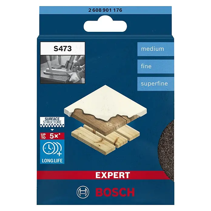 Bosch Professional Expert Esponja abrasiva Flex - L x An x Al: 120 x 98 x 13 mm, Tamaño de grano: Medio, 3 pzs. - Disco de lija Bosch Expert S473: Ideal para madera, pintura, barniz, masilla, plástico, materiales de superficie sólida. Larga vida útil, hasta 5 veces más.