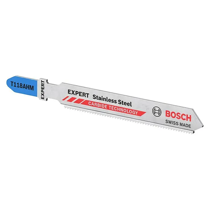 Bosch Expert Hoja de sierra de calar Stainless Steel - Chapas de acero inoxidable, Vástago en T - Foto de una hoja de sierra de calar Bosch EXPERT T118AHM, ideal para cortar acero inoxidable, con tecnología de carburo y Swiss Made.