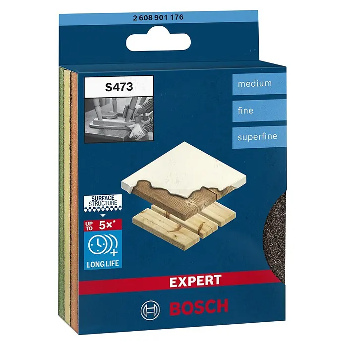 Bosch Professional Expert Esponja abrasiva Flex - L x An x Al: 120 x 98 x 13 mm, Tamaño de grano: Medio, 3 pzs. - Imagen de las esponjas de lijado Bosch EXPERT S473: media, fina, extrafina, que ofrecen un acabado superficial óptimo y una larga vida útil.