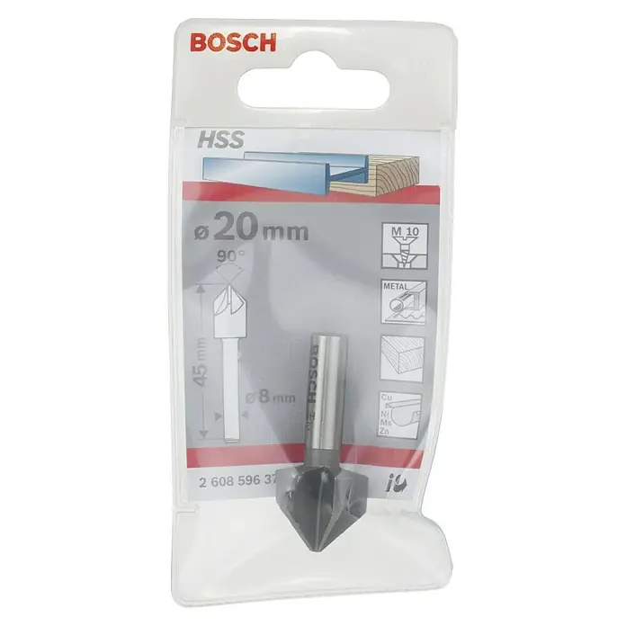 Bosch Avellanador cónico HSS - Diámetro de la broca: 20 mm, Varilla redonda - Imagen de una broca avellanadora HSS de Bosch con un diámetro de 20 mm y un ángulo de avellanado de 90°, empaquetada en un paquete de plástico transparente.