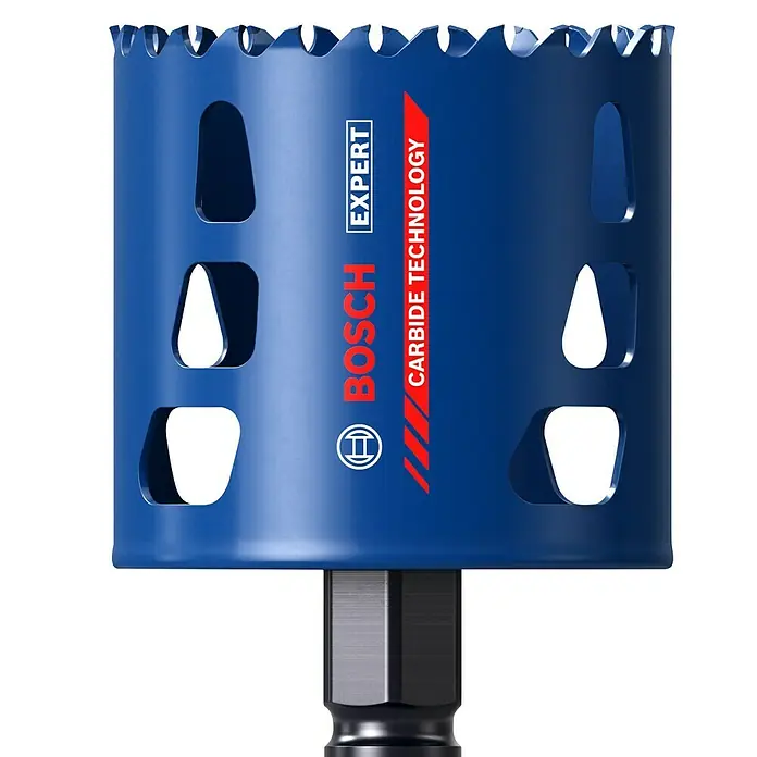 Bosch Professional Expert Bohrkrone Tough Material - Durchmesser Bohrer: 68 mm, 1 Stk. - Ein blauer Bosch Expert Carbide Technology Lochschneider für präzise und saubere Schnitte in verschiedenen Materialien.