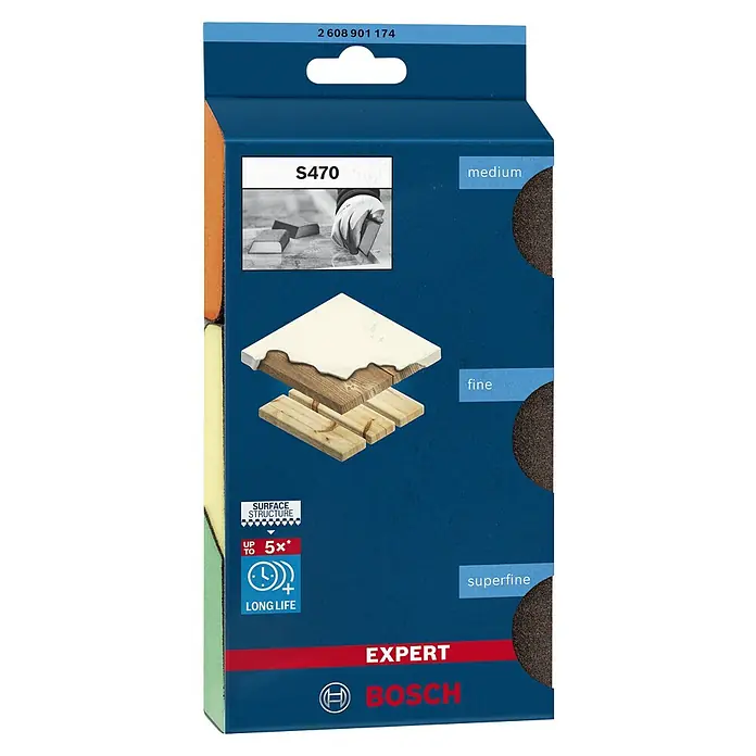Bosch Professional Expert Esponja abrasiva S470 - Tamaño de grano: Medio, L x An x Al: 97 x 69 x 26 mm, 3 pzs. - Imagen del producto de un disco de lijado Bosch Expert S470 en grano medio, fino y extrafino para diversas aplicaciones.