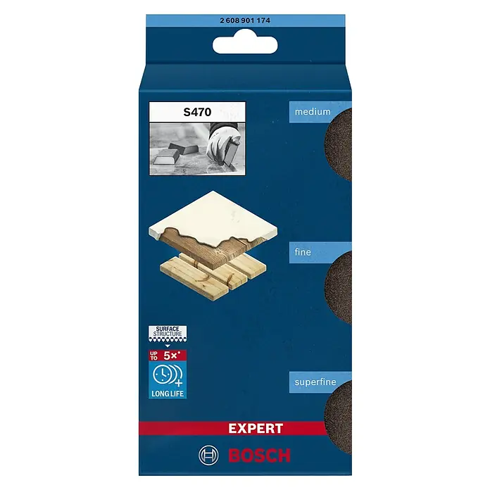 Bosch Professional Expert Esponja abrasiva S470 - Tamaño de grano: Medio, L x An x Al: 97 x 69 x 26 mm, 3 pzs. - Paquete de discos de lijar Bosch EXPERT S470 en diferentes granos: medio, fino y extrafino, para una larga duración.