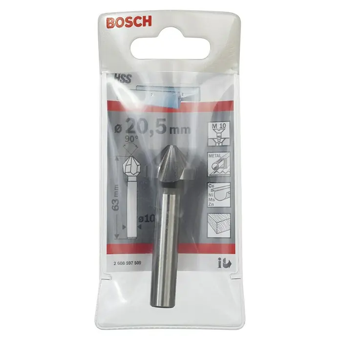 Bosch Avellanador cónico HSS - Diámetro de la broca: 20,5 mm, Varilla redonda - Una broca avellanadora HSS de Bosch en su embalaje. La broca es apta para metal y madera y tiene un diámetro de 20,5 mm.