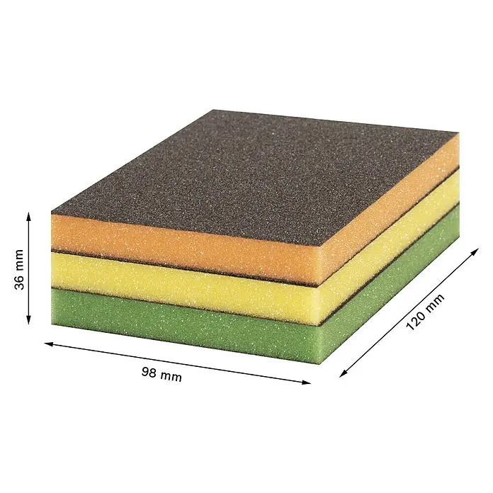 Bosch Professional Expert Schleifschwamm S473 - L x B x H: 120 x 98 x 13 mm, Korngröße: Mittel, 3 -tlg. - Sandwich-Schleifklotz mit 4 verschiedenen Körnungen, 98 mm breit, 120 mm lang und 36 mm hoch.