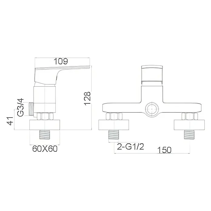 Imex Bali Sistema de ducha - Con grifo monomando, Número de tipos de chorro: 1 ud., Cromo - Esbozo de un grifo con dimensiones de 109 x 128 x 60 mm y conexiones G3/4, G1/2 que proporciona información del producto a fontaneros.