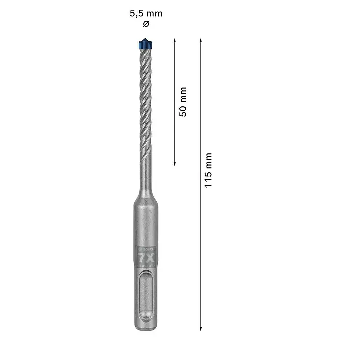 Bosch Expert Beton- & Steinbohrer SDS Plus-7X - 1 Stk., Durchmesser Bohrer: 5,5 mm, 50 mm - Abbildung eines Bosch Expert 7X Steinbohrers mit den Maßen 5,5 mm Durchmesser und 115 mm Länge, ideal für präzise Bohrarbeiten.