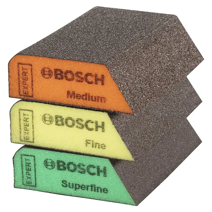 Bosch Professional Expert Schleifschwamm S470 - Korngröße: Mittel, L x B x H: 97 x 69 x 26 mm, 3 -tlg. - Dreifaches Bosch Expert Schleifpad-Set: Medium, Fein und Superfein, für präzises Schleifen mit optimaler Leistung.