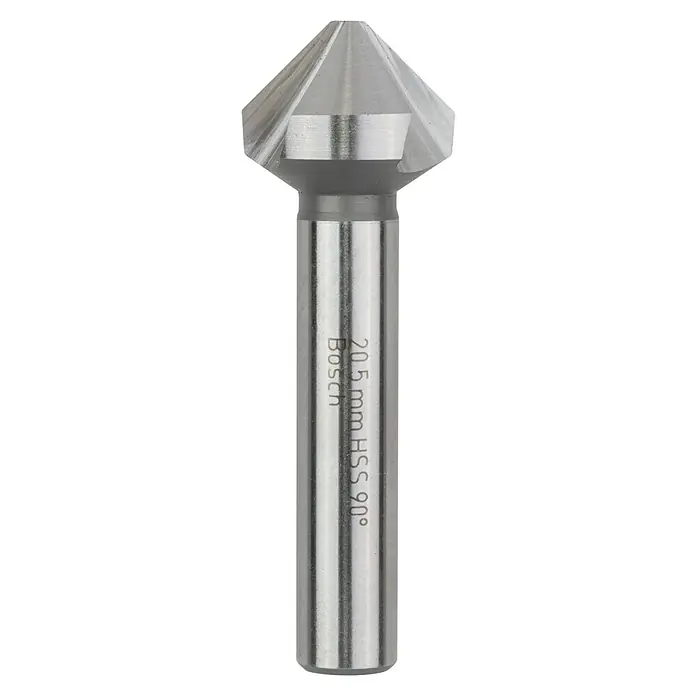 Bosch Avellanador cónico HSS - Diámetro de la broca: 20,5 mm, Varilla redonda - Una vista detallada de un avellanador Bosch HSS de 20,5 mm a 90°, perfecto para crear avellanados precisos y desbarbar en varios materiales.