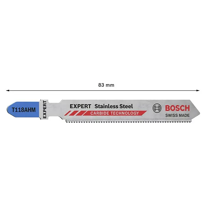 Bosch Expert Stichsägeblatt Stainless Steel T 118 AHM - Edelstahlbleche, T-Schaft - Das Bild zeigt ein Bosch EXPERT T118AHM Stichsägeblatt für Edelstahl. Die Länge beträgt 83 mm.