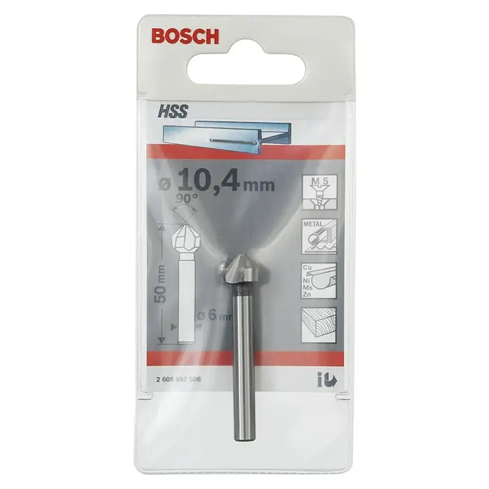 Bosch Avellanador cónico HSS - Diámetro de la broca: 10,4 mm, Varilla redonda - Embalaje de un avellanador HSS de Bosch con un diámetro de 10,4 mm, adecuado para metal y madera. Preciso y duradero para usos diversos.