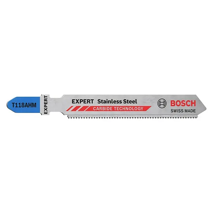 Bosch Expert Stichsägeblatt Stainless Steel T 118 AHM - Edelstahlbleche, T-Schaft - Nahaufnahme eines Bosch Expert T118AHM Stichsägeblatts für Edelstahl mit Carbide Technology und Swiss Made Qualität.