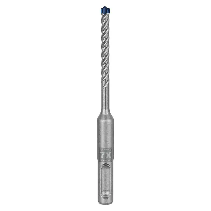 Bosch Expert Beton- & Steinbohrer SDS Plus-7X - 1 Stk., Durchmesser Bohrer: 5,5 mm, 50 mm - Nahaufnahme eines Bosch 7X Expert SDS plus Hammerbohrers mit blauer Spitze vor schwarzem Hintergrund.