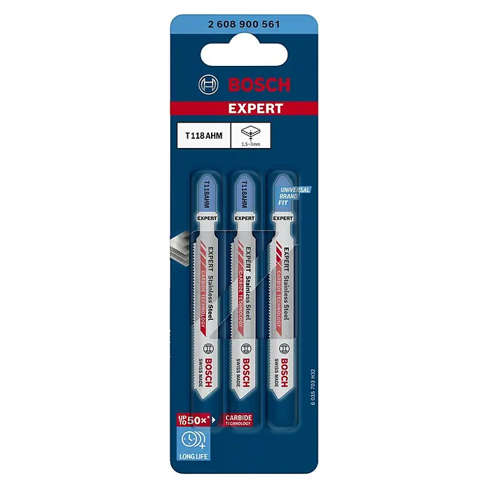 Bosch Expert Stichsägeblatt Stainless Steel T 118 AHM - Edelstahlbleche, T-Schaft - Bosch EXPERT T118 AHM Stichsägeblätter für Edelstahl, 3er-Pack, mit Carbide Technology für lange Lebensdauer und präzise Schnitte.