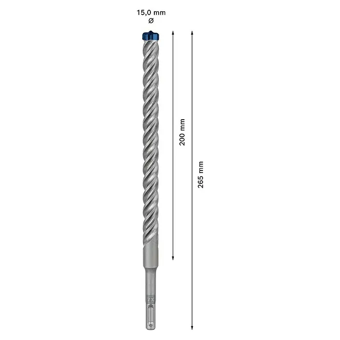 Bosch Expert Broca para hormigón y mampostería -7X - 1 ud., Diámetro de la broca: 15 mm, 200 mm - En la imagen se muestra una broca para martillo perforador Bosch SDS plus-7X de 15,0 mm con una longitud de trabajo de 200 mm y una longitud total de 265 mm.