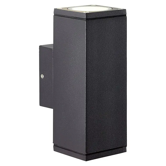 Brilliant Außenwandleuchte Hally - 60 W, 9,3 x 6,3 x 15,5 cm, Anthrazit, IP44 - Eine moderne, würfelförmige Wandleuchte in Schwarz, die sowohl nach oben als auch nach unten Licht abgibt und eine elegante Beleuchtungslösung bietet.
