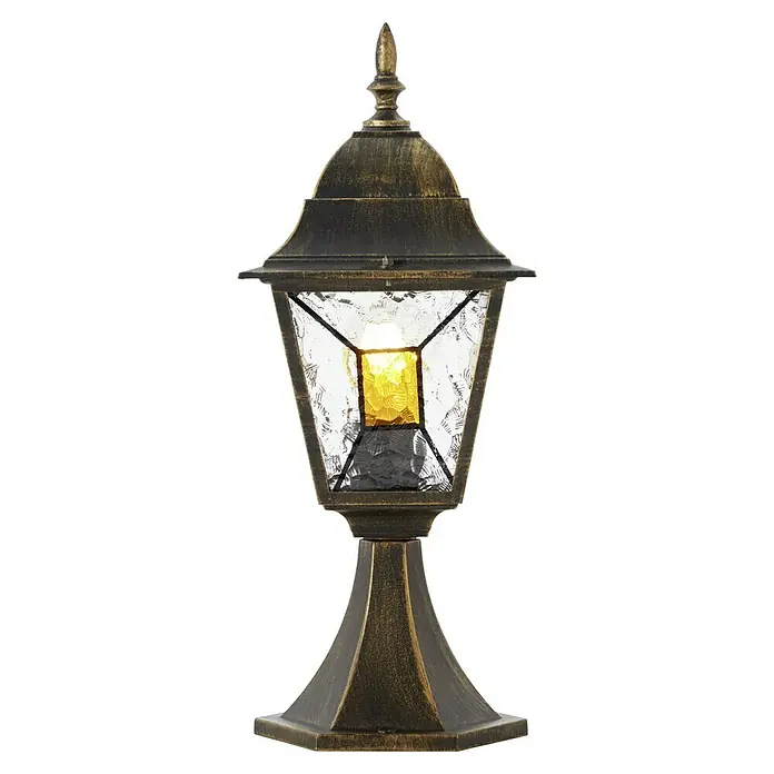 Brilliant Janel Außensockelleuchte - 60 W, Farbe Gehäuse: Schwarz gold, 18 x 18 x 44 cm, Ohne Leuchtmittel - Elegante Gartenlaterne mit antikem Goldfinish und strukturiertem Glas, die warmes Licht spendet und eine einladende Atmosphäre schafft.
